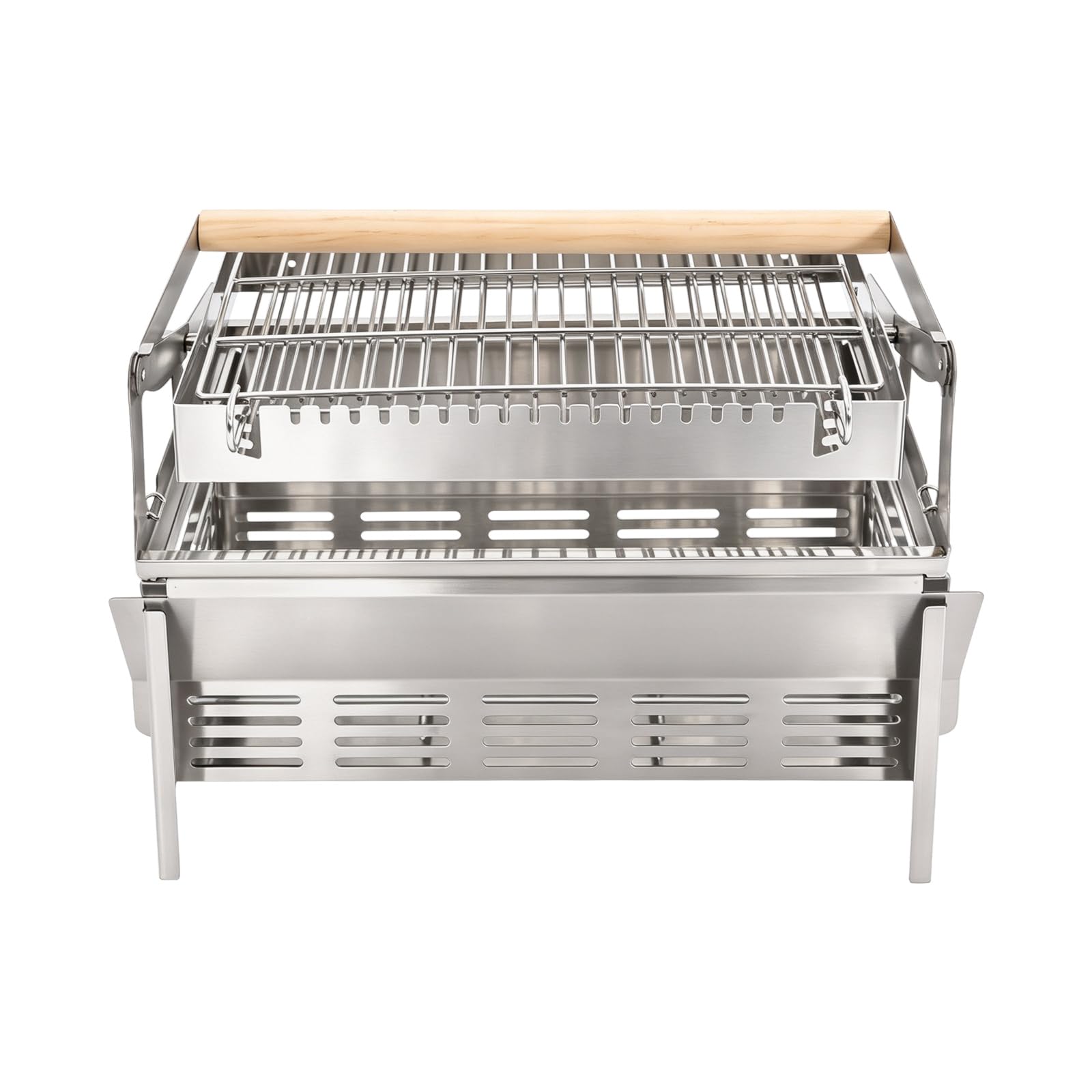 Barbacoa de carbón vegetal con rejilla giratoria de 360°, acero inoxidable, con bolsa | Parrilla de 36 × 22,6 cm, mango de 39,3 cm, estructura de soporte desmontable, para madera y carbón, también como hoguera