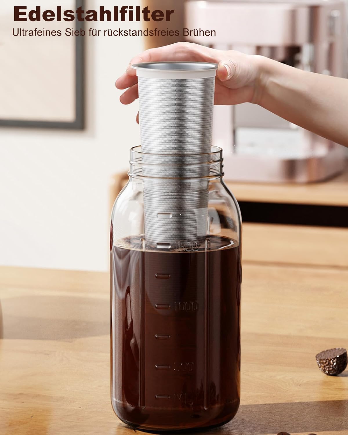 1.8 l Kaltgebrühte Kaffeemaschine – Einmachglaskrug mit Deckel und Auslauf, kein Auslaufen, Eiskaffeemaschine mit Edelstahlfilter, Eistee, Limonade und kaltgebrühtes Gebräu (schwarz)