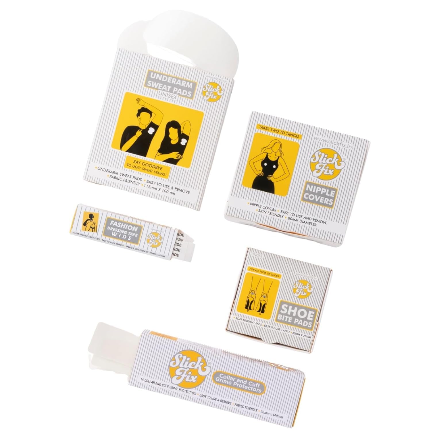 slickfix Ultimate Comfort Bundle: 5-in-1 Care Kit for All-Day Confidence! Collar & Cuff Grime Protectors, Nipple Covers, Underarm Sweat Pads, Shoe Bite Pads, Fashion Dressing Tape-picture-43