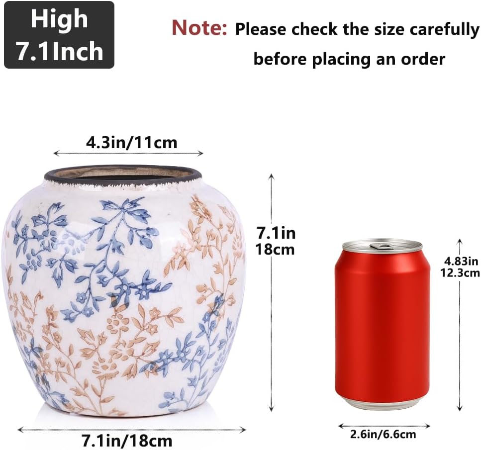 Blue and White Vase, Ceramic Chinoiserie Vase for Home Decor, Vintage Blue Floral Porcelain Vases, Farmhouse Pottery Flower Vase for Living Room Kitchen Table Shelf Mantel, Blue and White Decor Accent - Image 2