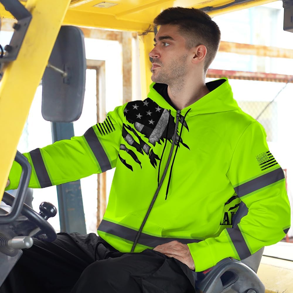 Maddly Hi Vis Reflective Zip Up Hoodie, Orange American Flag High Visibility Safety workwear hoodie for workers, Patriotic