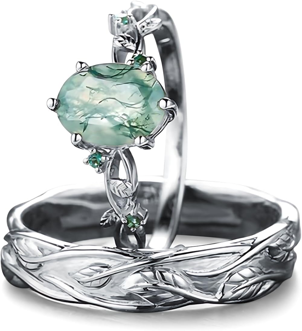 Natural Moss Agate Wedding Rings for Couple, 925 Sterling Silver 10K/14K/18K Real Gold Engagement Rings Sets for Him and Her, Customized 2pcs Green Anniversary Promise Bands for Men and Women