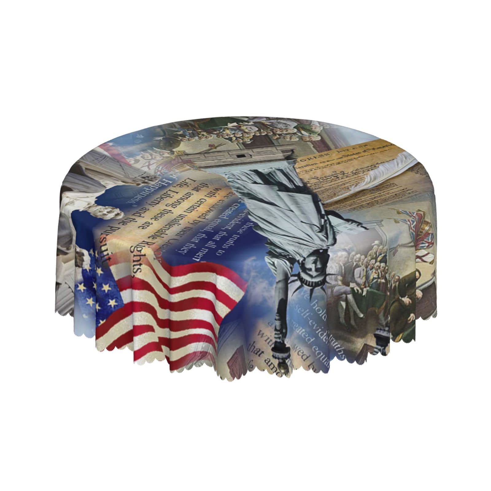 Lsjuee USA Monuments People Flag Round Tablecloth 60 Inch Printed Washable Tablecloth for Dining Party Holiday Fall Home Decorative
