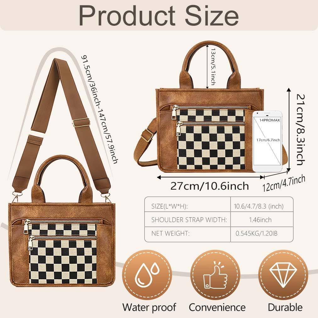 PCBAG Women's Checkered Crossbody Bag Vintage Black and White Faux Leather Tote Handbags Purse Adjustable Strap Casual Shoulder Bag for Work Travel - Image 4