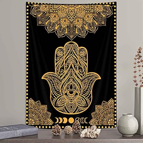 Boziqr Spiritual Tapestry, Psychedelic Hamsa Hand Tapestry, Black Gold Mandala Tapestry Evil Eye Wall Tapestry For Bedroom Aesthetic 40X60 Inches Cover