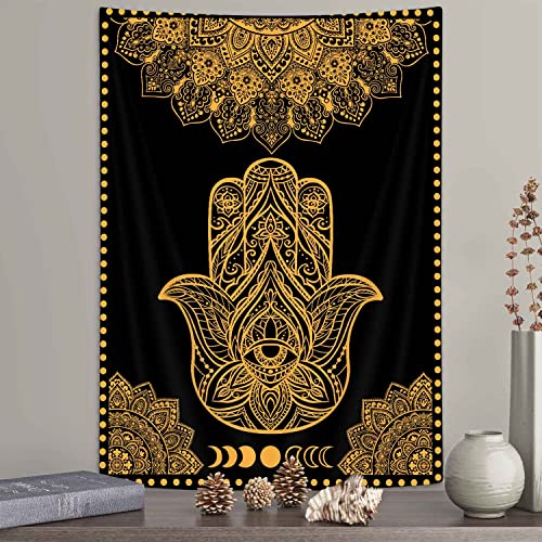 Boziqr Spiritual Psychedelic Hamsa Hand Black Gold Mandala Evil Eye Wall Tapestry For Bedroom Aesthetic 40x60 Inches