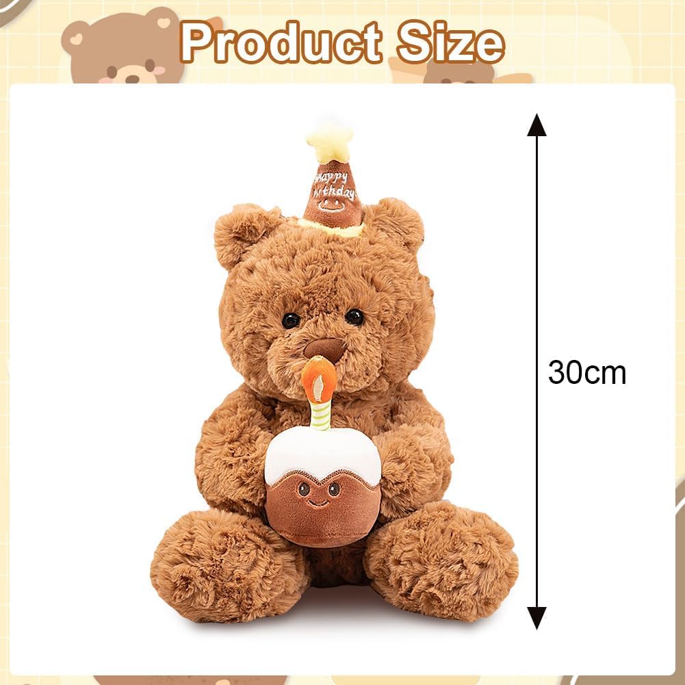 Osito De Peluche 30 Cm Con Pastel Y Sombrero De Cumpleaños | Peluche Súper Suave De Algodón PP | Regalo Para Niños Y Niñas En Su Día Especial