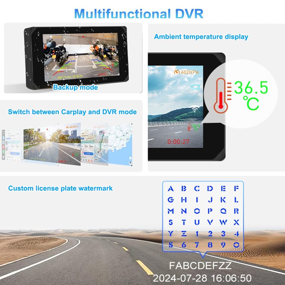 VSYSTO bezprzewodowa kamera samochodowa CarPlay do motocykli z ekranem dotykowym 5", nawigacją GPS, monitorowaniem parkowania, WiFi, przednią i tylną kamerą 1080p oraz czujnikami ciśnienia w oponach