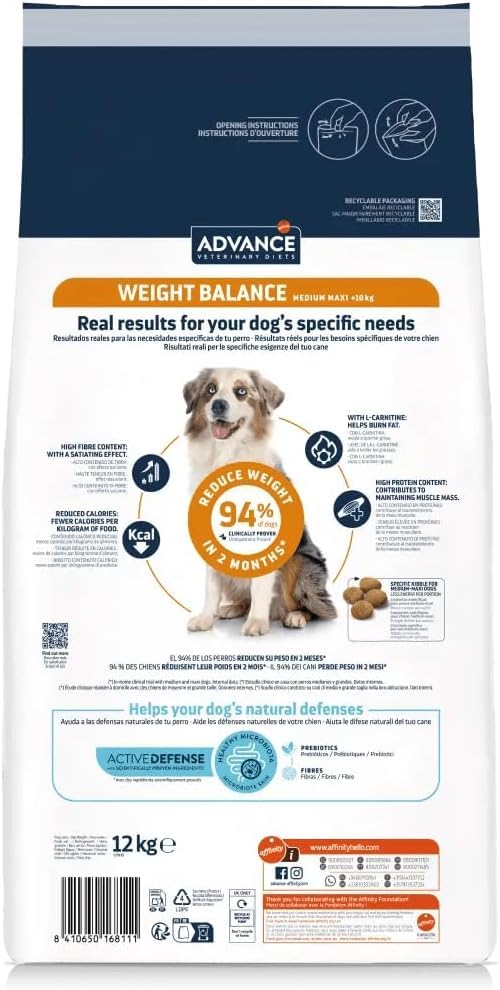 Advance Veterinary Diets Weight Balance Medium Maxi Crocchette Cane 3 kg - Cibo Secco Dietetico per Perdita Peso, Mangime Light Saziante Gusto Pollo, Mantiene Massa Muscolare, Adult