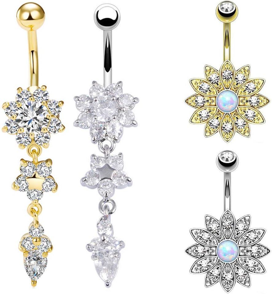 EQLEF Belly Bars Surgical Steel, Drop Belly Button Ring Flower Navel Piercing Ring Set For Women and Girls Umbilical Jewelry (Pack of 4 pcs)
