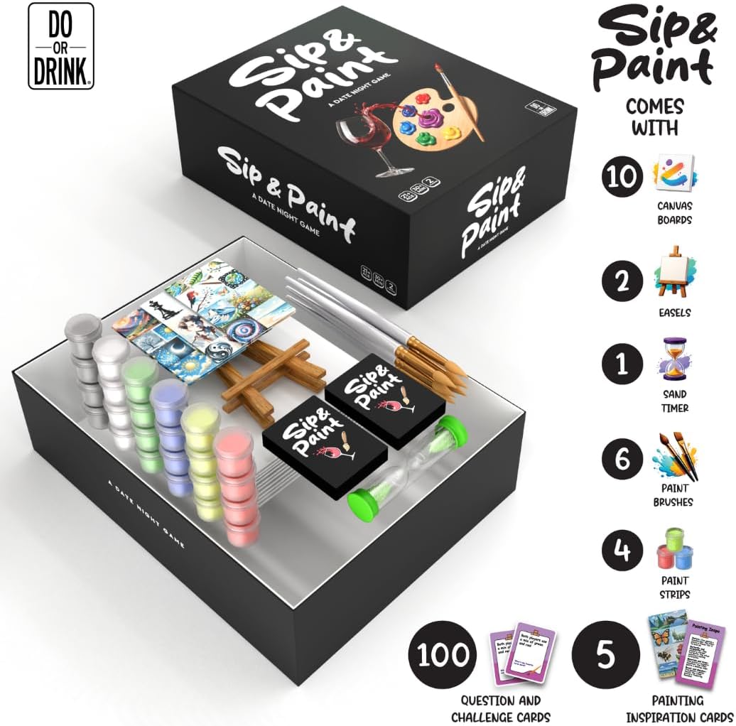 Do or Drink Sip and Paint Couples Painting Kit Game – Date Night Game with Conversation Cards, Romantic DIY Paint Kit for Two, Fun Relationship Activity, for Couples
