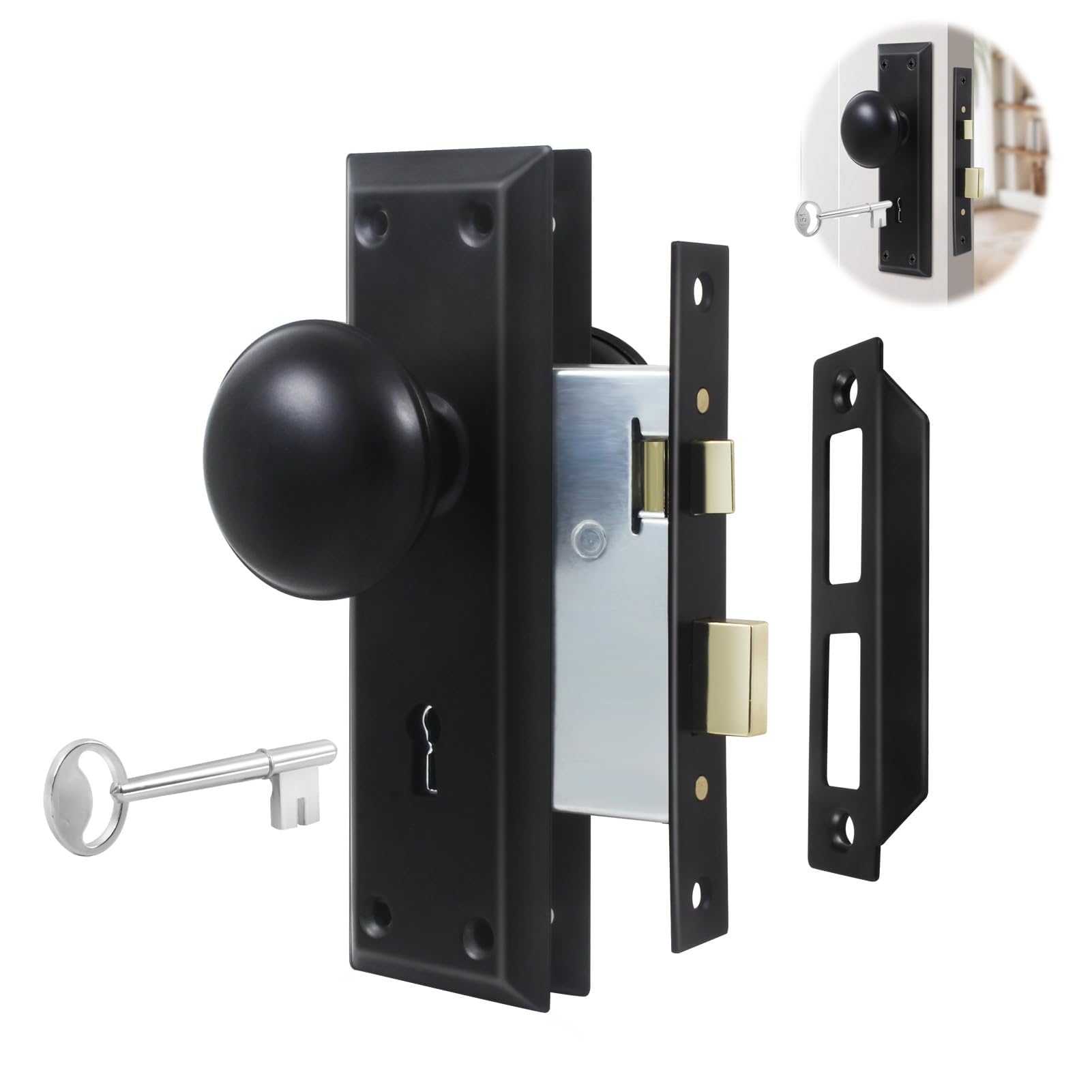 Photo 1 of Lubentol 4 Pack Mortise Keyed Lock Set with Classic Bronze Knob – Perfect for Replacing Broken Antique Lock Sets and More, Fits 1-3/8 in.-1-3/4 in. Interior Doors Replacement Hardware (Matte Black)