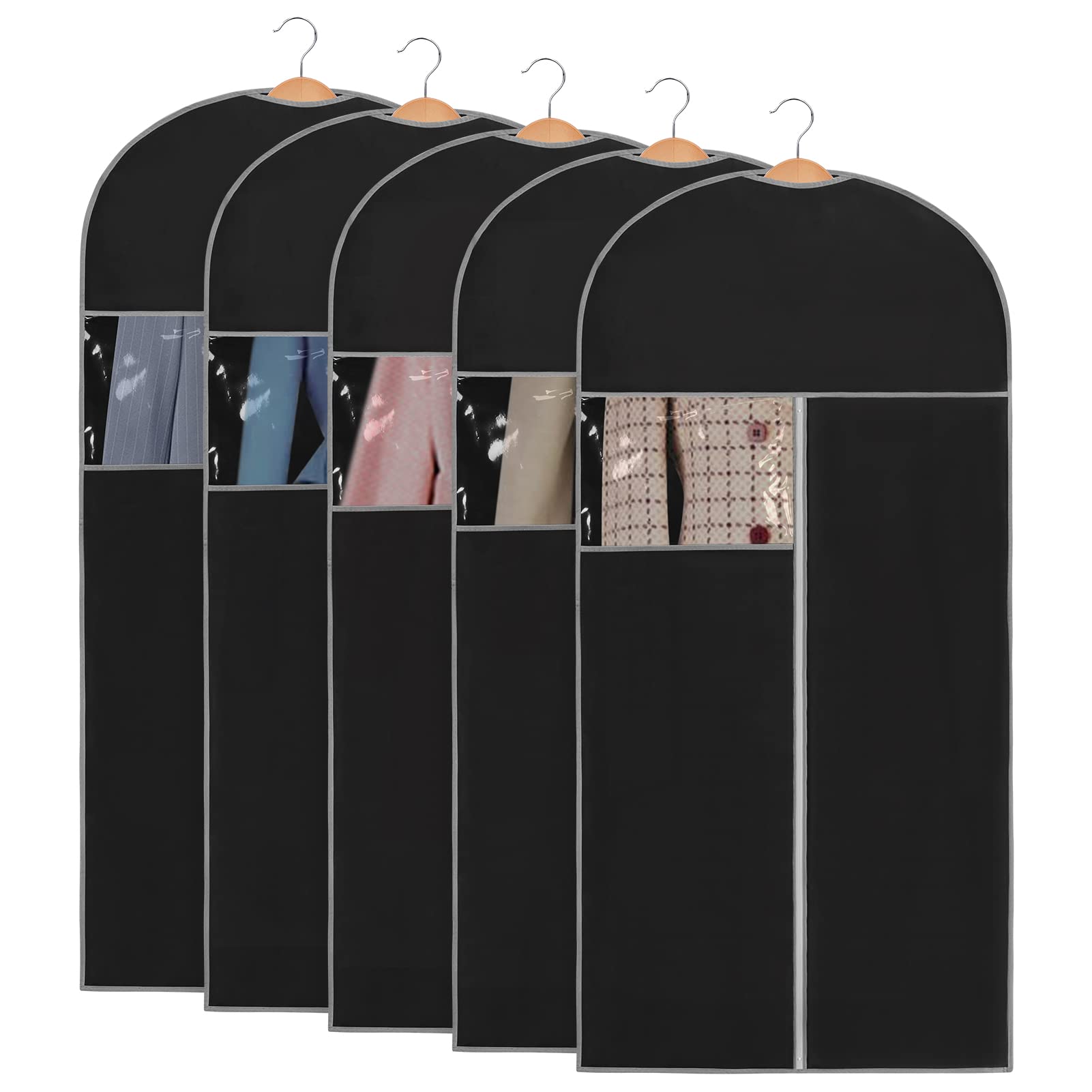 PetsHome Garment Bags, Garment Clothes Covers, 24" x 47"(Pack of 5) Breathable Garment Full Zipper Bags for Dress Suit Clothes Black