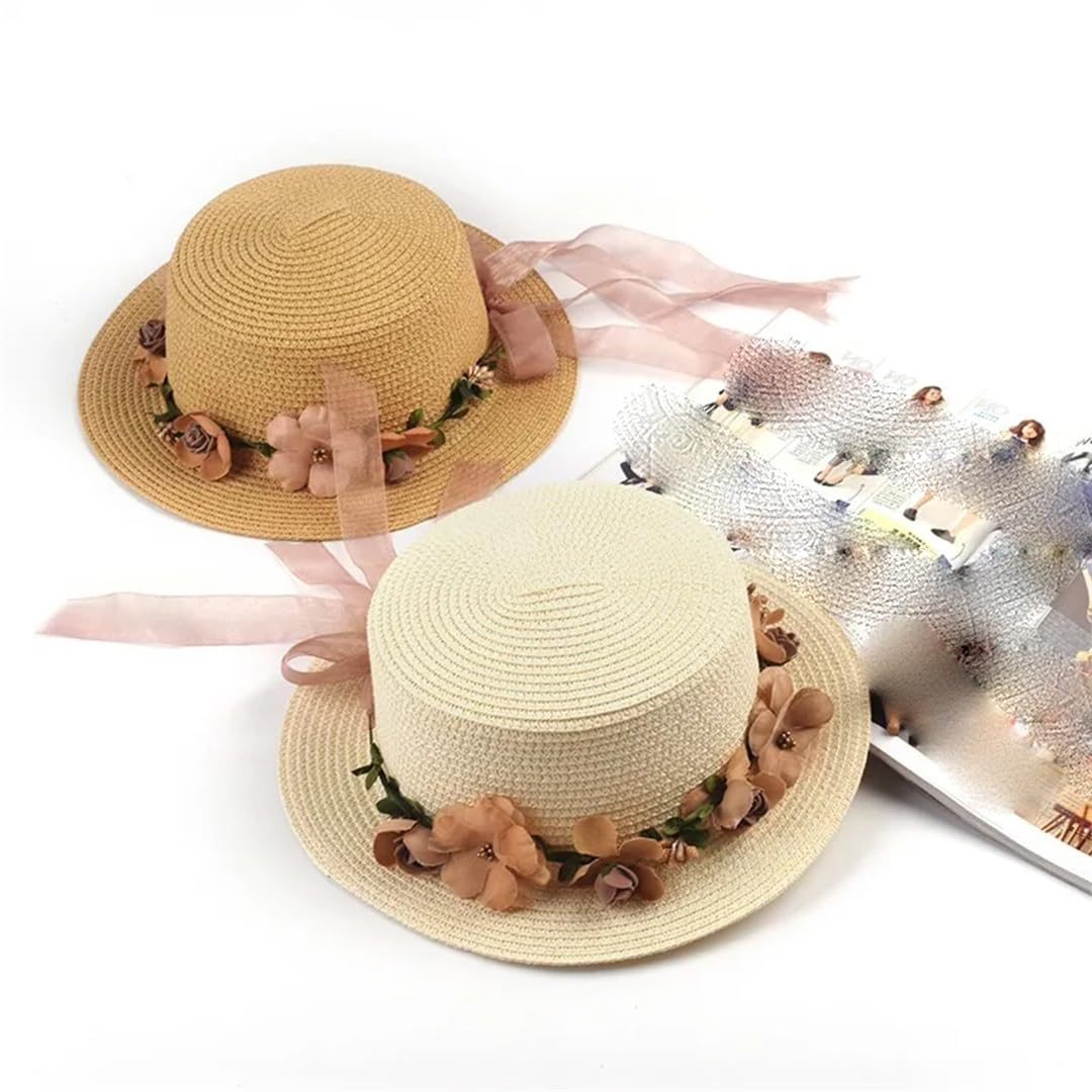 Yeuyyben Cappello da sole da donna, cappello da pescatore estivo in pizzo con fiocco e fiori, con nastro piatto, cappello di paglia da spiaggia, Panama