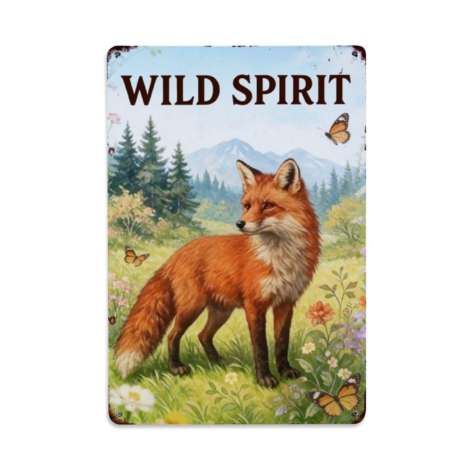Jdfenggu Vintage Fox In Wildflower Field With Mountains Retro Metal Tin Sign, Decor Art Poster For Bar, Home, Man Cave, Kitchen, Laundry Room Gift 8X12inch