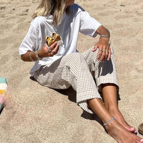 Women's Plaid Pants Drawstring High Waist Straight Leg Y2k Long Trousers Summer Casual Gingham Lounge Pants4