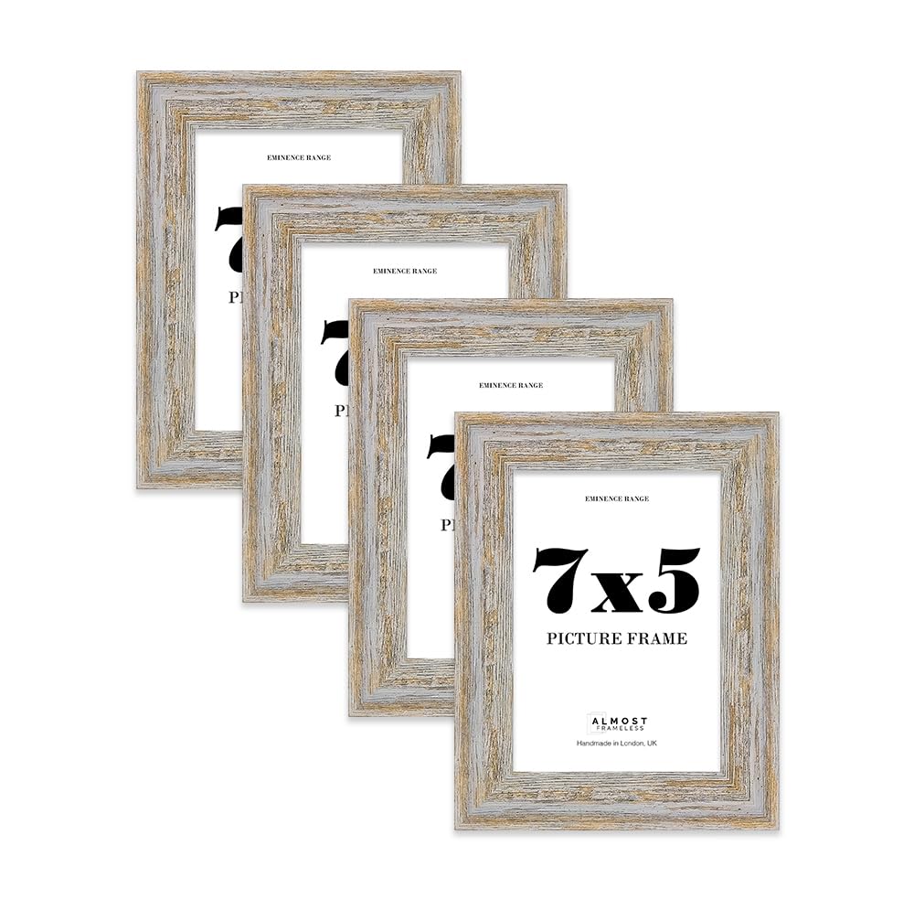 7x5" Walnut Woodgrain Picture Frame - Rustic Wood Industrial Effect Photo Frame for Wall Display, Ideal for Posters, Prints & Home Décor, Wall Hooks and Kickstand, 32mm Edge - 4 Pack