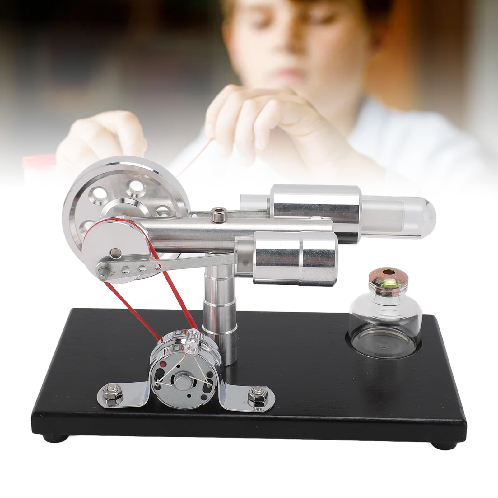Modello di Motore Sterling Generatore di Energia Elettrica a Luce LED Colorata per Giocattoli Educativi Materiale Piastra di Base CNC Lega di Alluminio Vetro Legno di Pino