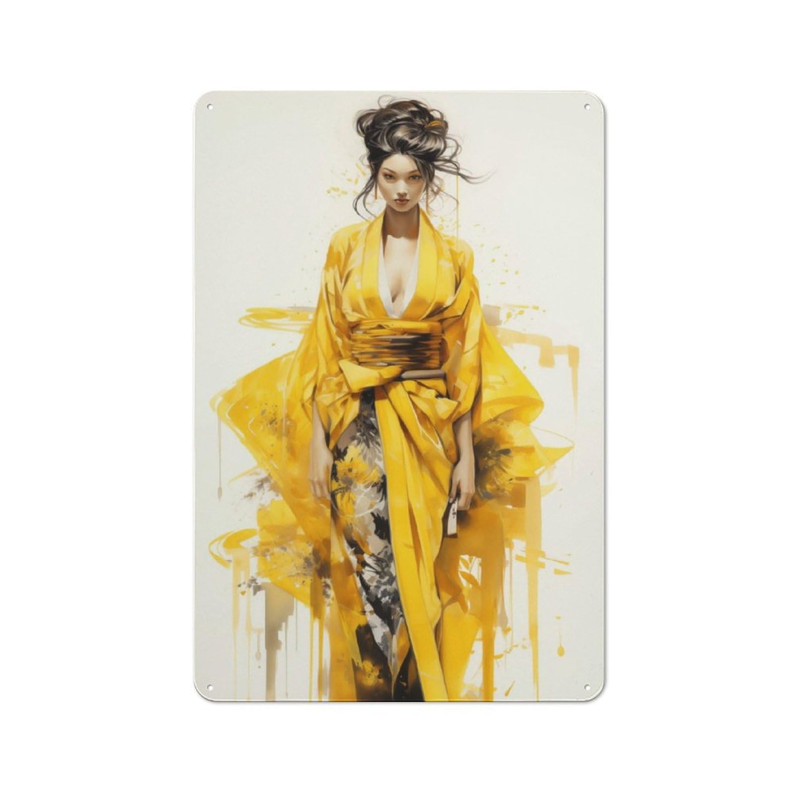 30x20cm Rustic Metal Sign with Geisha in Yellow for Hobby Room Or Studio, Metal Sign Decor for Hobby Rooms And Studios