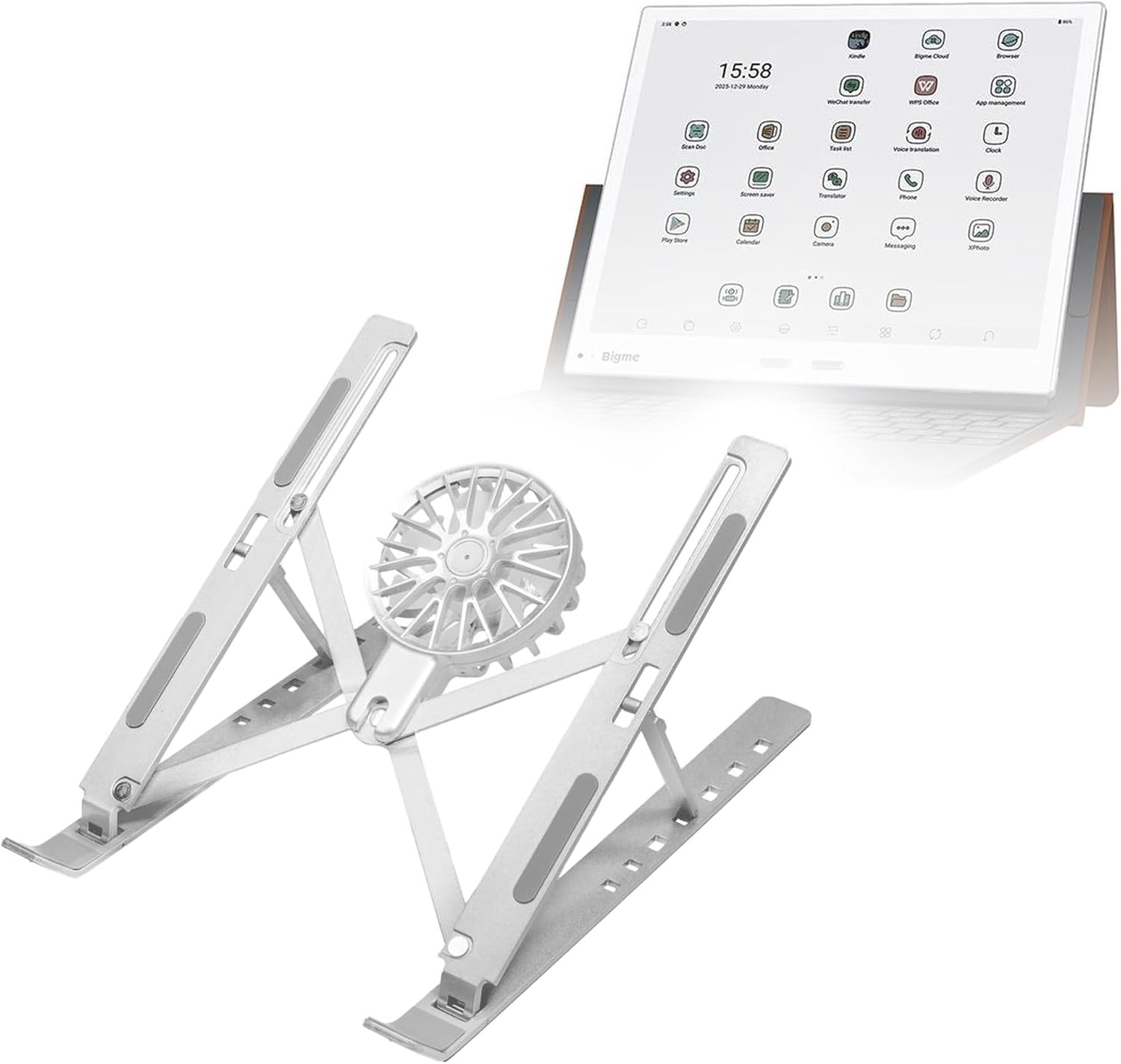 BoxWave Stand and Mount Compatible with Bigme B10 (10.3 in) - QuickSwitch Stand with Cooling Fan, Portable, Multi Angle Viewing Ventilator - Metallic Silver