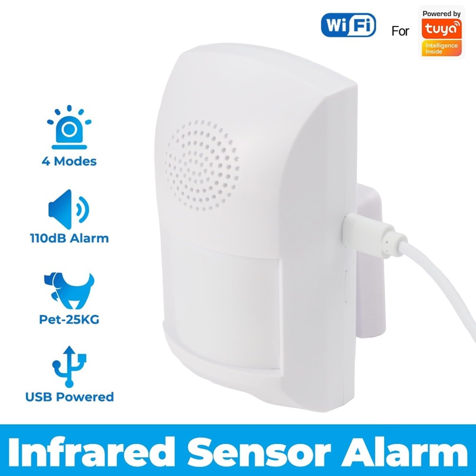 Bewegungsmelder Innen Alarm mit Sirene, für Tuya Ton und Lichtalarm, Drahtloser Infrarot-Detektor PIR Bewegungsalarm, für Zuhause/Garage/Van/Schuppen/Geschäft