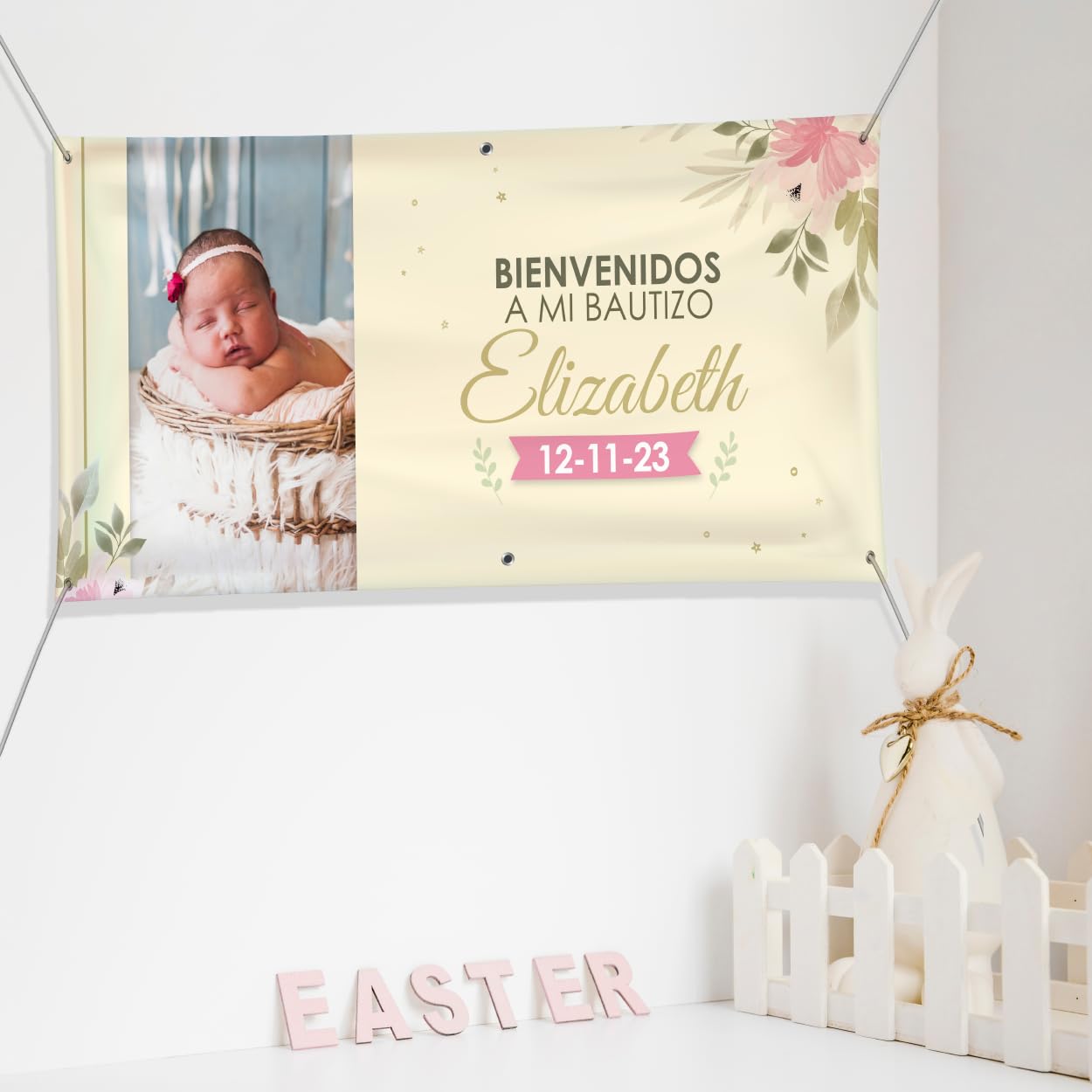 Cartel Personalizado para Bautizo con Foto, Nombre y Fecha en 21 Tamaños – Ideal como Pancarta Personalizada con Lona Impresión UV - Banner o Photocall para Decoración Bautizo Niño o Niña (Beige)