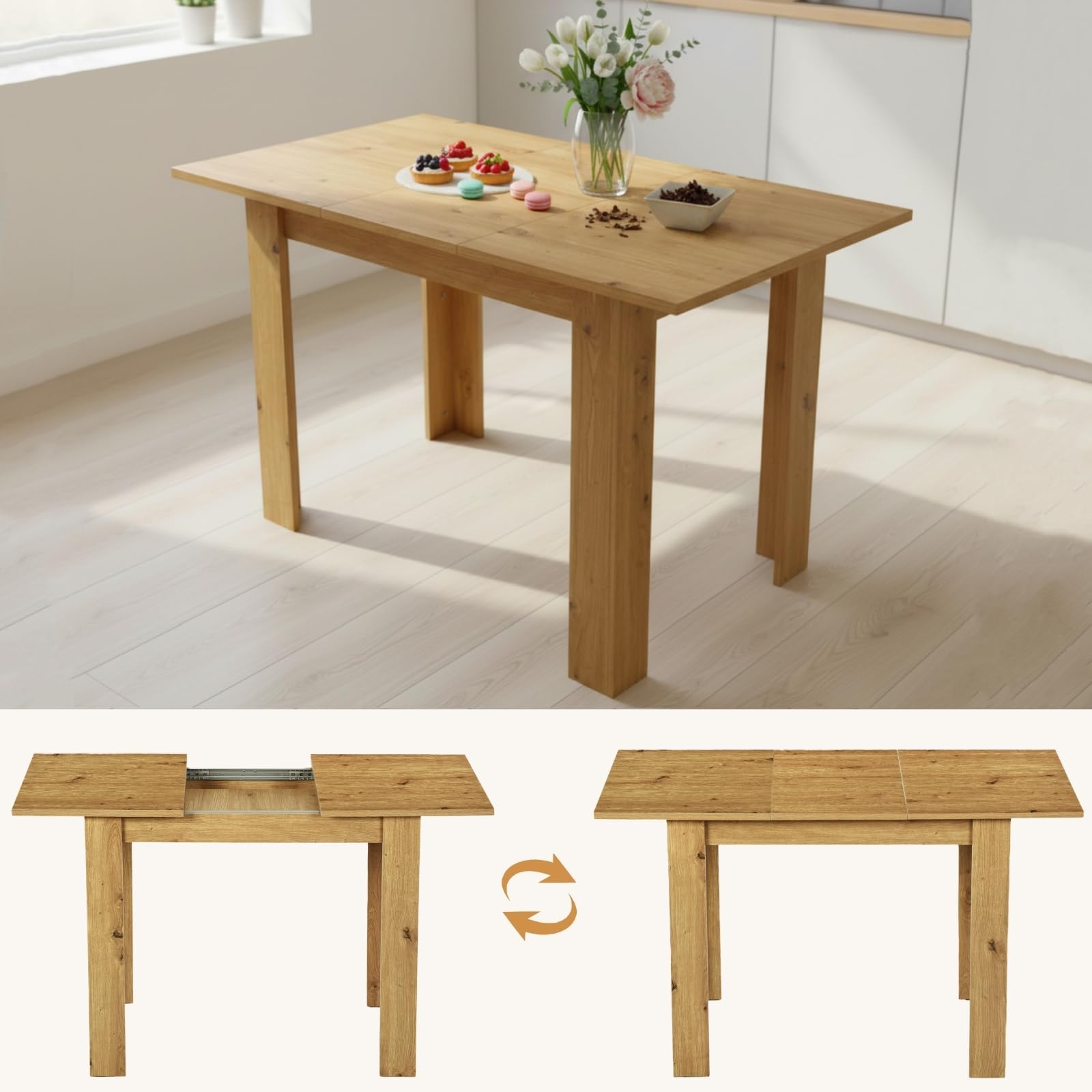 Ensemble Table à Manger Extensible 90-125 cm avec 4 Chaises, Ensemble Table et Chaises en Similicuir, Gain de Place, pour Petit Espace Cuisine Salle à Manger et Salon (Chêne + Noir)