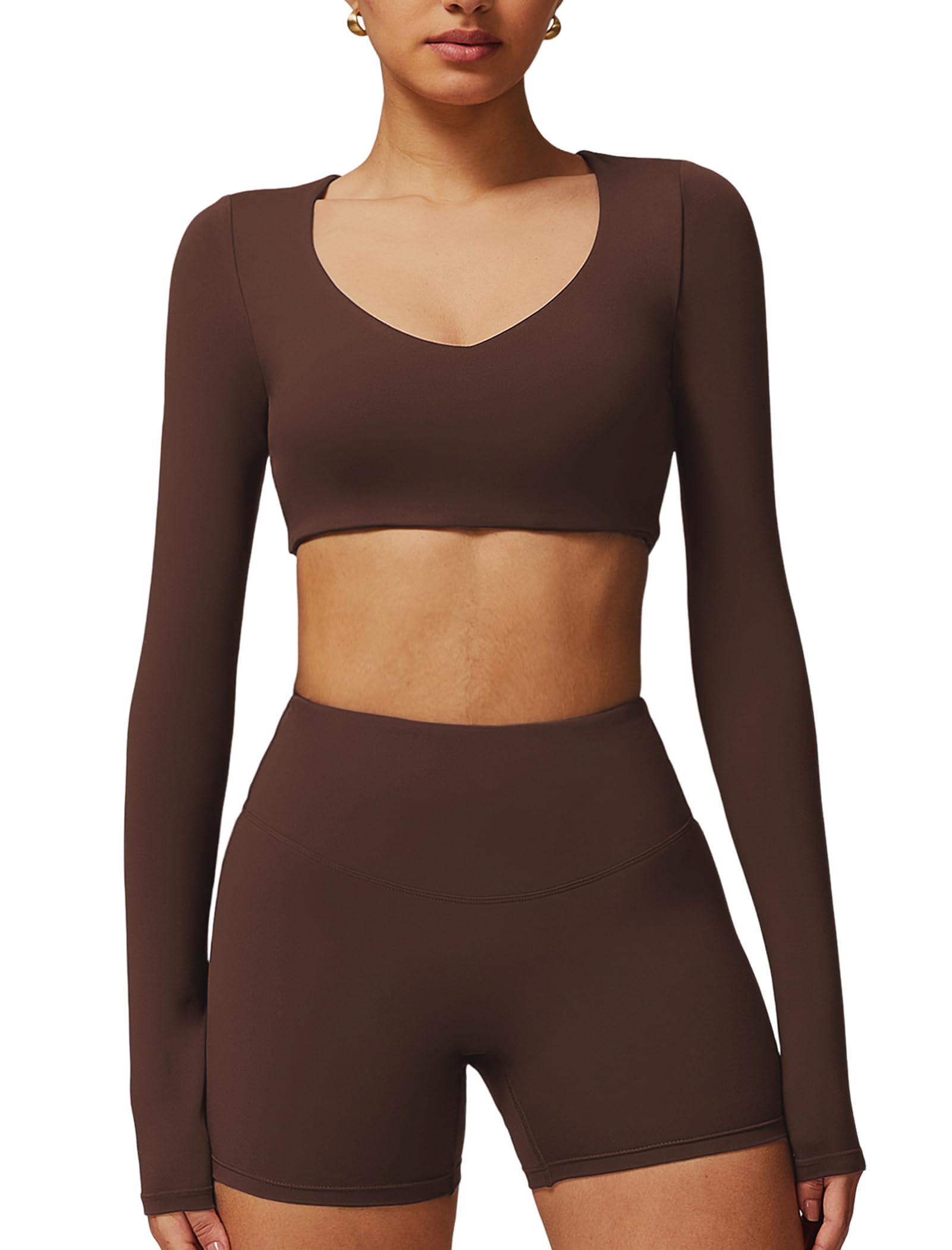 ABOCIW Women Square Neck Long Sleeve Workout Crop Top Low Medium Impact Athletic Yoga Gym Shirts with Built in Bra(ONLY TOP)