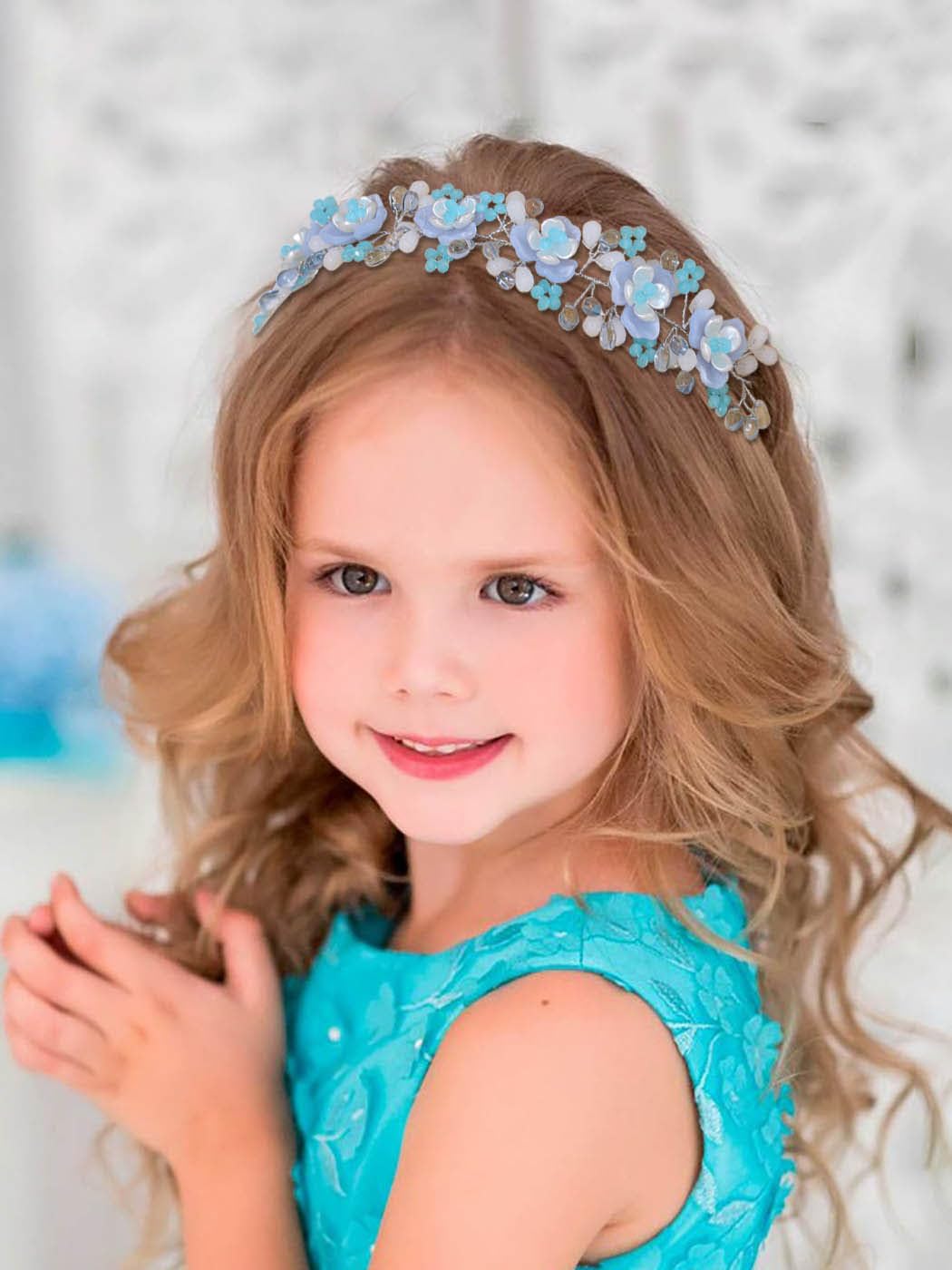 IYOU Niña de Flores Diadema Azul Flores Princesa Tocado Cristal Comunión Novia Nupcial Accesorios para el cabello para Niñas