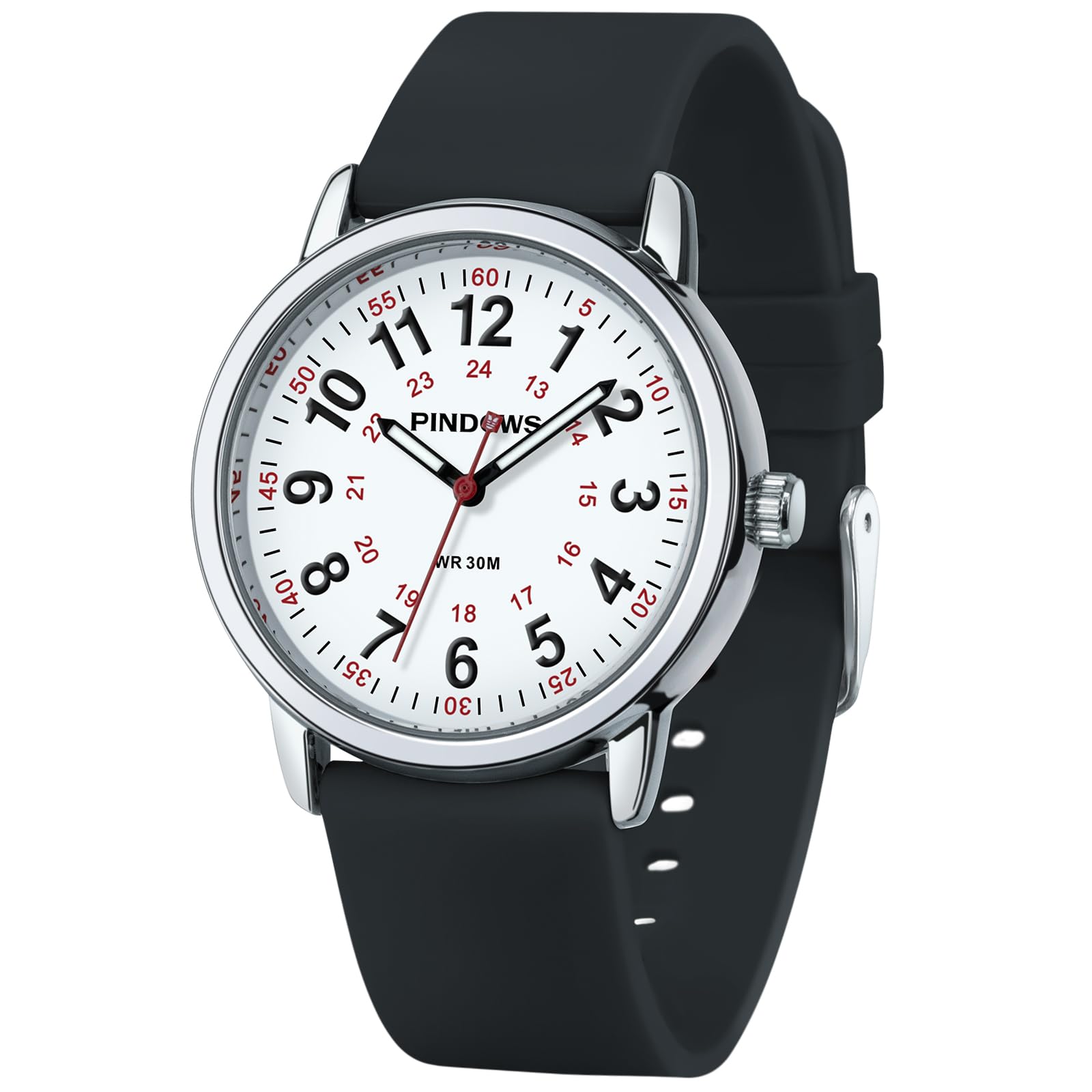 PINDOWS Women Analog Quartz Wrist Watch with Silicone Strap for Young Women Students Easy Read Waterproof Unisex Luminous Dial