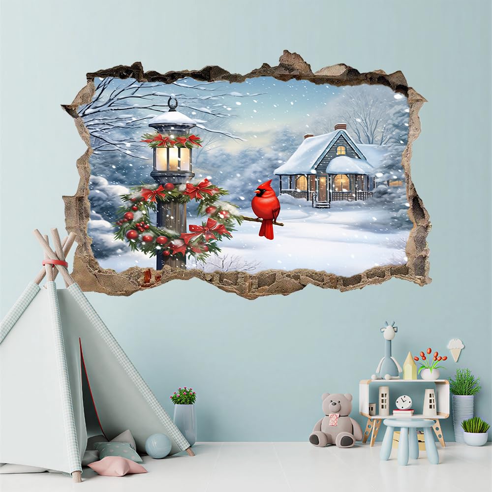 3D Durchbruch Wandtattoo Mädchen Kinderzimmer Vogelhaus Im Schnee Wandaufkleber Dekorative Winterlandschaft Wandsticker für Junge Teenager Zimmer Wohnzimmer Schlafzimmer Wandbilder Deko