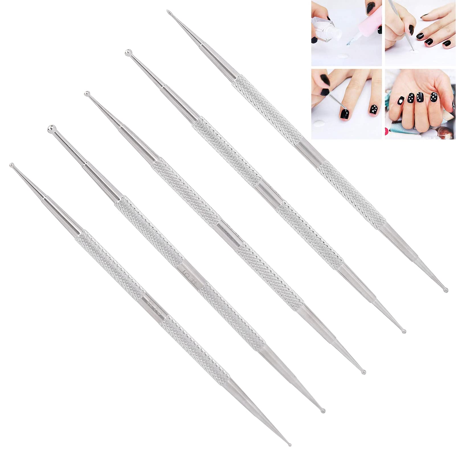 5 uds, 2 vías, herramienta de bolígrafo de puntos, doble cabeza, bolígrafo de punteado para decoración de uñas, bolígrafo de pintura de uñas de acero inoxidable, bolígrafo de decoración DIY
