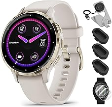 Garmin Venu 3S Health Fitness GPS-Smartwatch 010-02785-04, goldfarbene Stahllünette mit elfenbeinfarbenem Gehäuse, 41 mm Bündel mit Deco Essentials Ladestation, Staubschutz, 3er-Pack und 2er-Pack