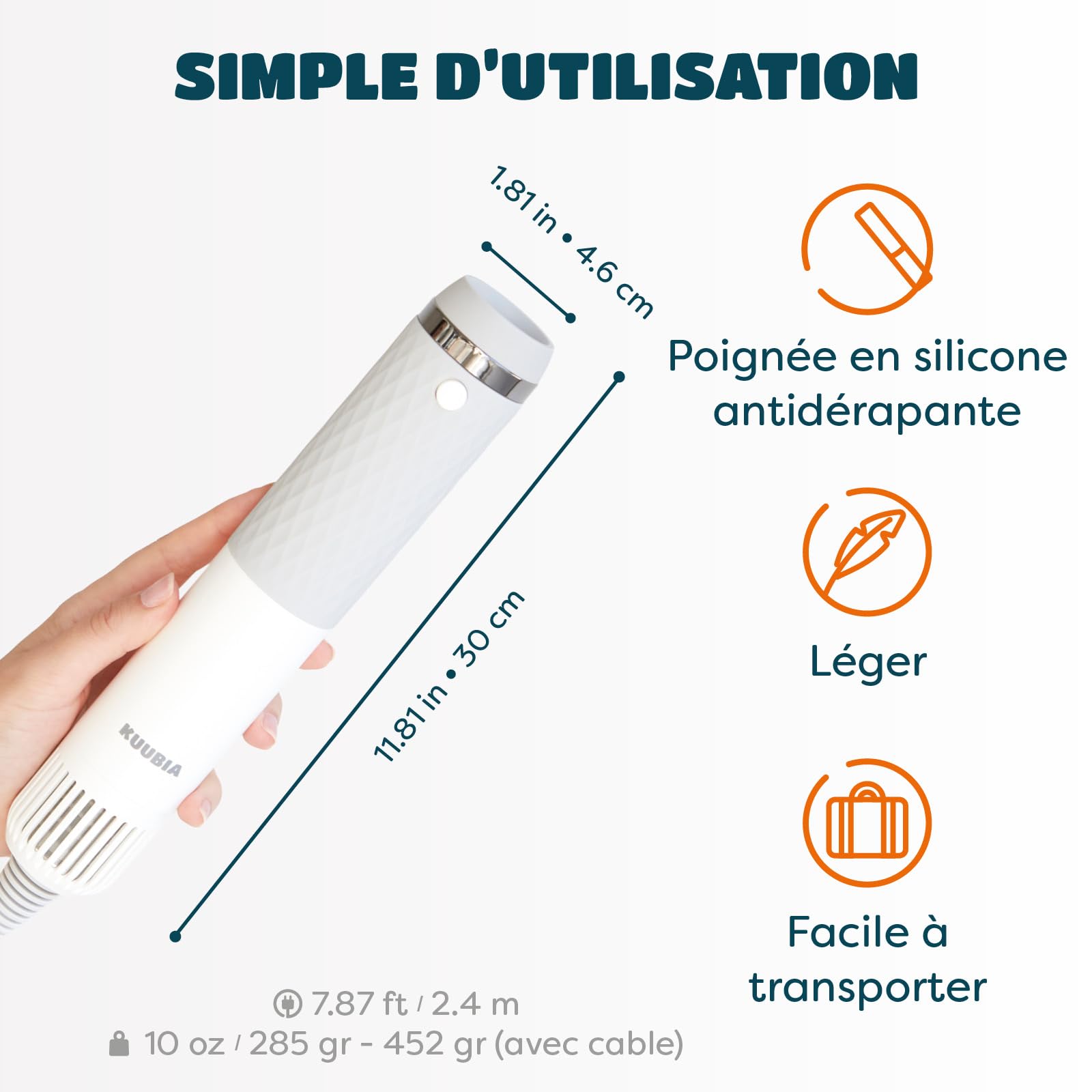 KUUBIA Séchoir 5 en 1 Pour Chien et Chat | Pulseur Avec Brosse Slicker | Sèche Poils Puissant 900 W | Portable, Silencieux, Ions Négatifs, NTC