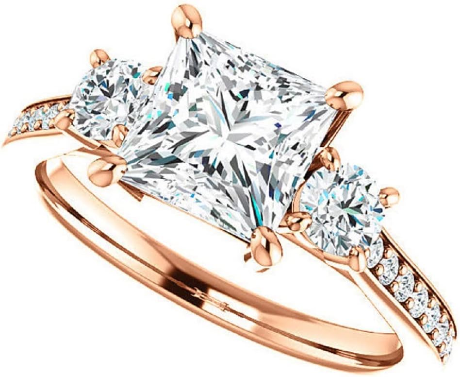 Solitaire Moissanite Engagement Ring Set 2 CT Princess Cut Bridal Wedding Ring Set for Women Birthday Gifts Her (925 Silver (Rose Gold Plated))