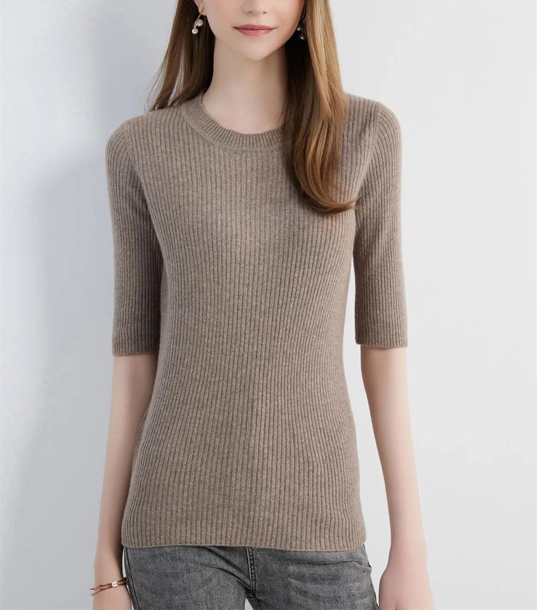 Women's Short Sleeve Crewneck Sweater 100% Wool Pullover Knit Top Casual Jumper for Everyday Wear