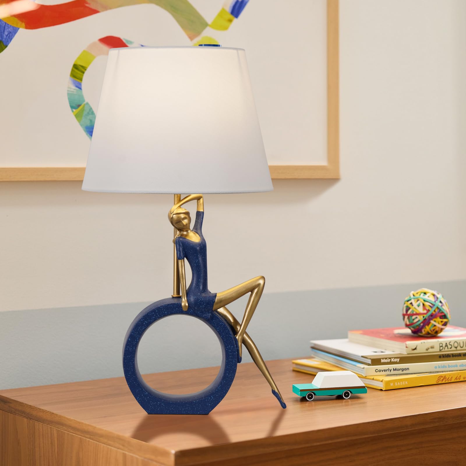 Lámpara de mesa decorativa, 48,3 cm, lámpara de mesa nocturna moderna con pantalla de lino, base de resina azul y dorada, luminaria LED incluida