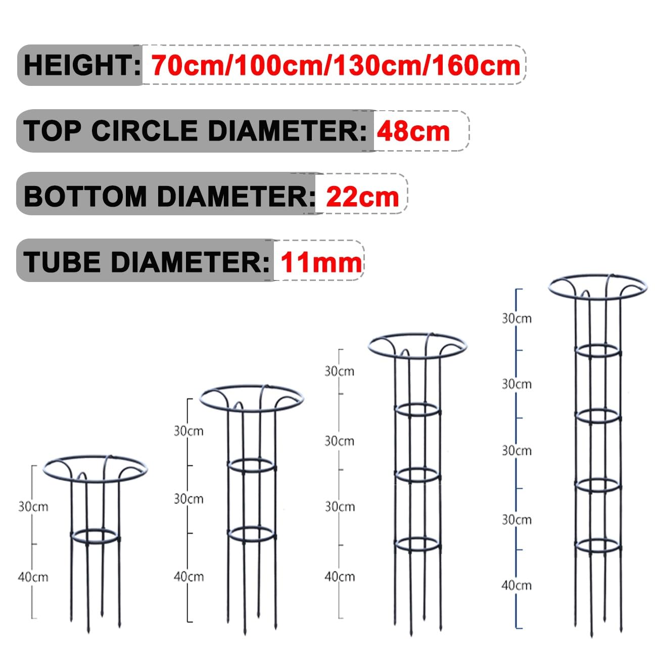 LTSRLL Obélisque De Jardin en Métal 70/100/130/160 Cm Cages Tuteurs Ø 22 Cm Support pour Plantes Grimpantes(70cm/2.3ft)
