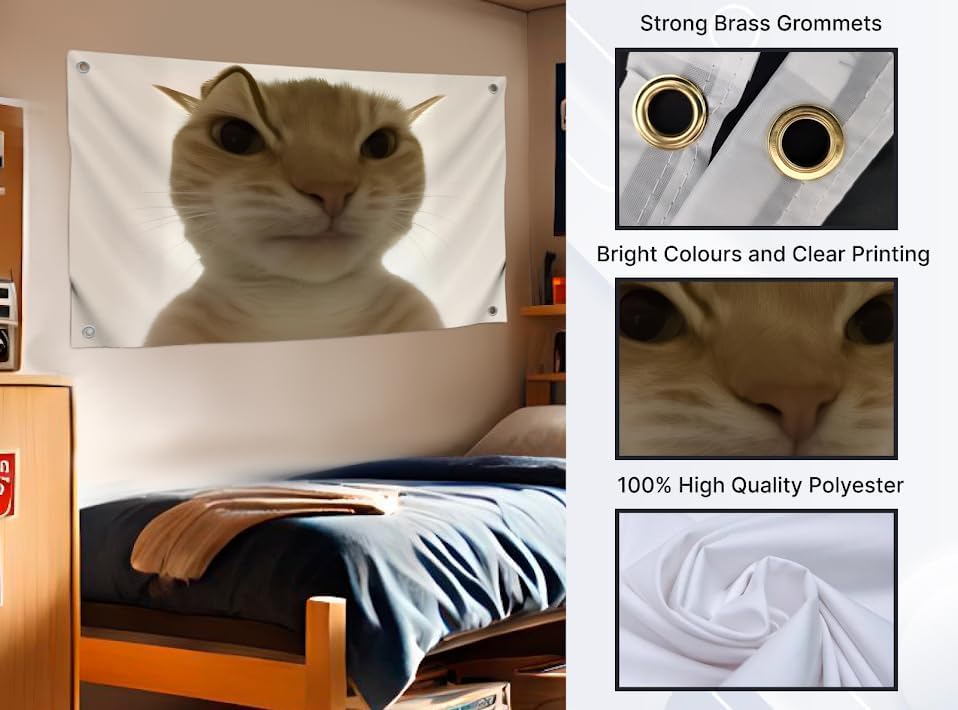 3x5 Feet Hilarious Cat Meme Flag with Four Brass Grommets - Single Sided Tapestry Posters with Cute Animals - Polyester Wall Durable Flags for Apartment Aesthetic Decor - Comical Banner for Room Kids - Image 3
