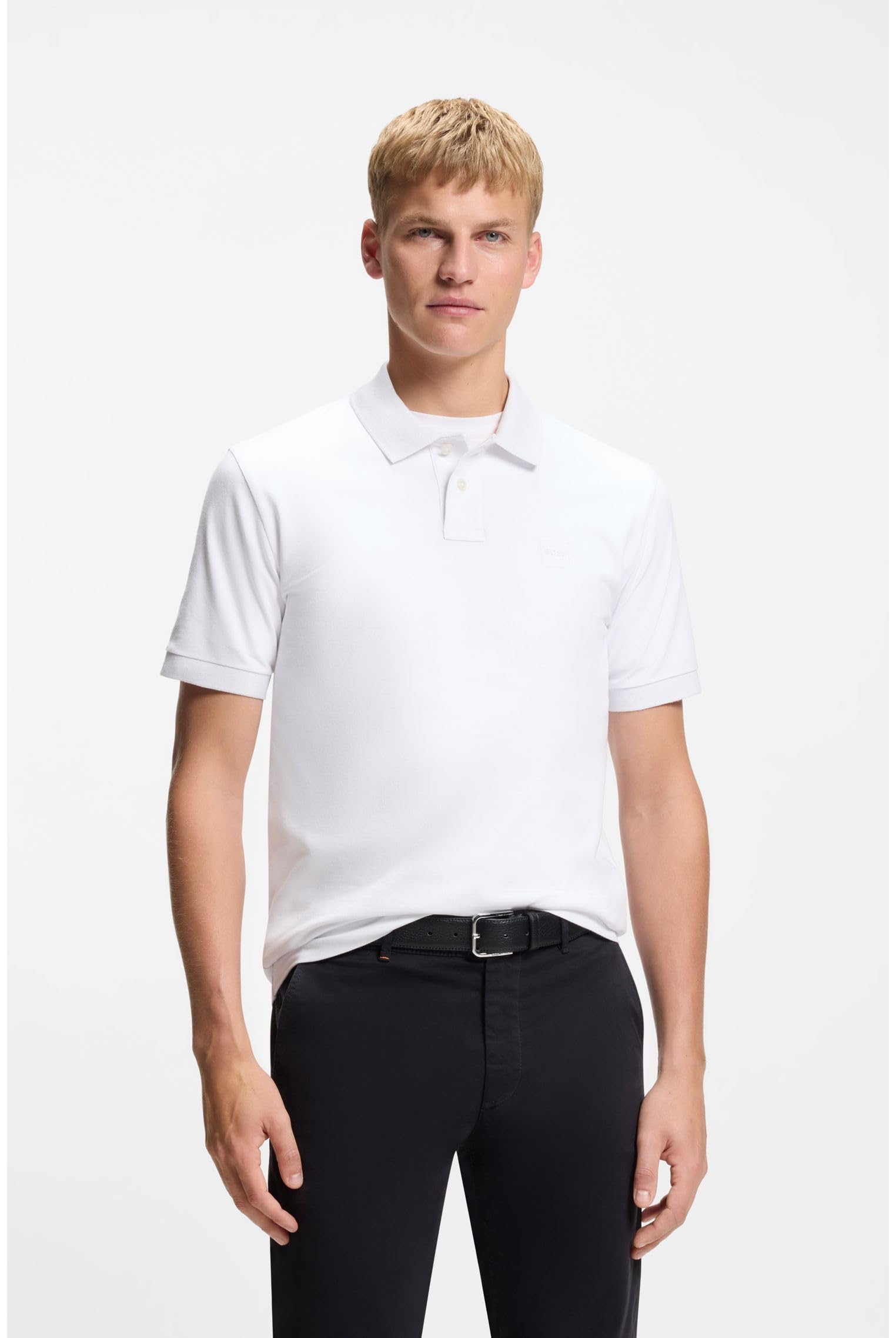 BOSS Męska koszulka polo z elastycznej bawełny z naszywką z logo, White100, L
