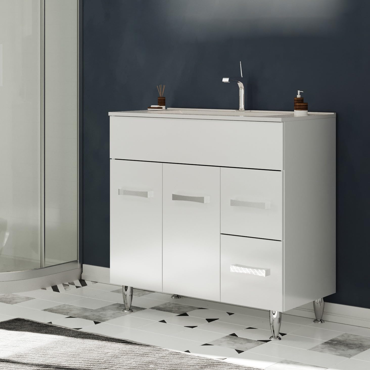 SANIVERRE Madrid Meuble Salle de Bain sur Pieds Simple Vasque Blanc Largeur 80 cm