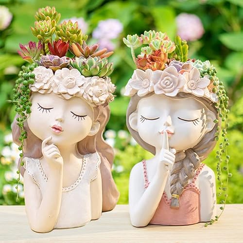 Macetas grandes para niñas, paquete de 2 macetas grandes para suculentas con orificio de drenaje, maceta alta de resina para flores de resina para