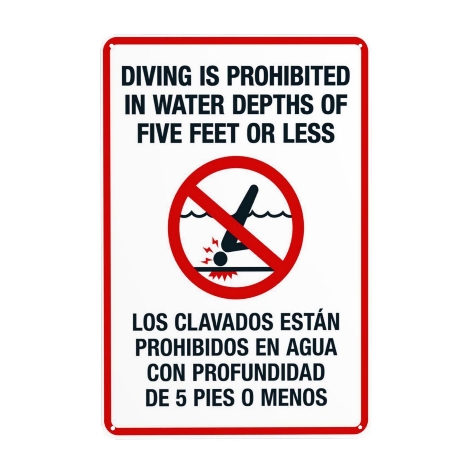 Vintage Metal Tin Sign, No Diving In Shallow Water Pool Safety Warning Decor, 8x12 Inch