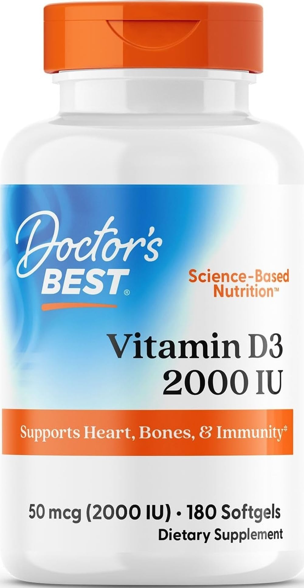 Doctor's Best Vitamin D3 2000 IU Softgels, for Men & Women, 180 Softgels Unflavored 180 Count (Pack of 1)