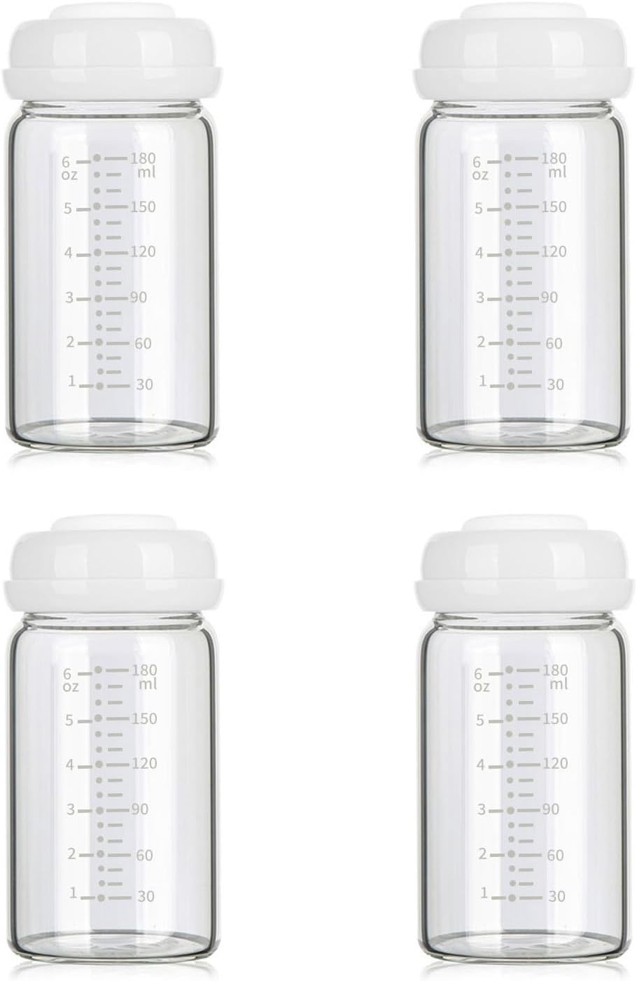 Glass Breast Milk Collection and Storage Bottles, 4 Pack, 6oz/180ml, Wide Neck, Compatible with Spectra S1 S2 9 Plus, Motif Luna, and Most Wide-Mouth Flanges, Borosilicate Glass, BPA Free