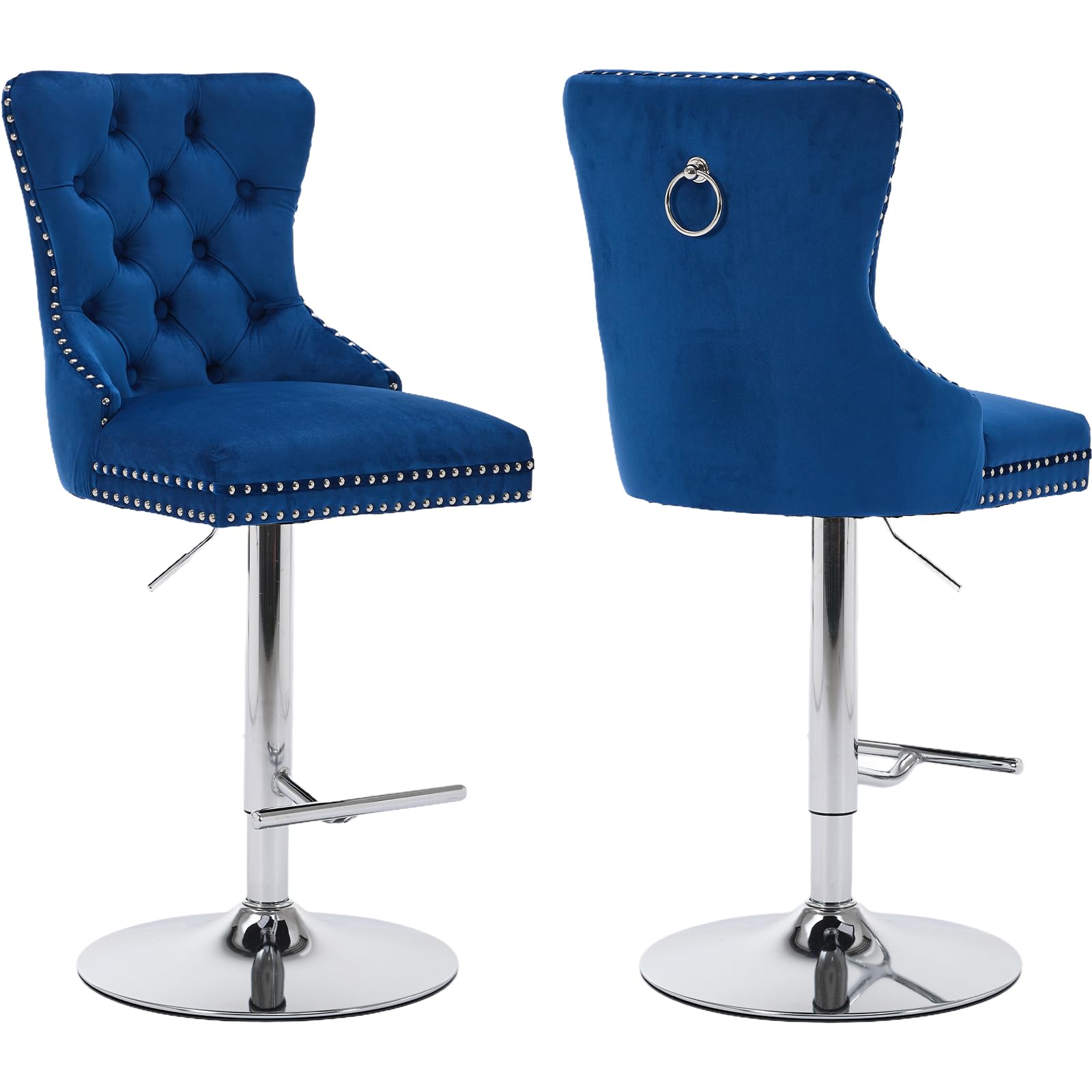 Blue Velvet Swivel Bar Stools Set of 2 with Upholstered Back, Adjustable Counter Height Barstools, Modern Bar Chairs for Home Kitchen Island Pub Restaurant, Silver Base (Velvet, 2 Pcs, Blue)