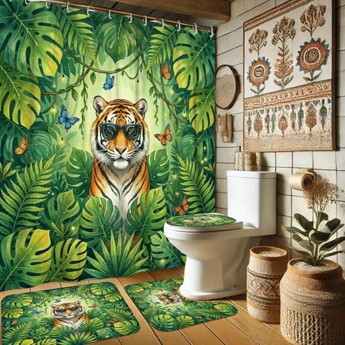 Rideau de douche anti-moisissure tigre et feuilles vertes 183x183