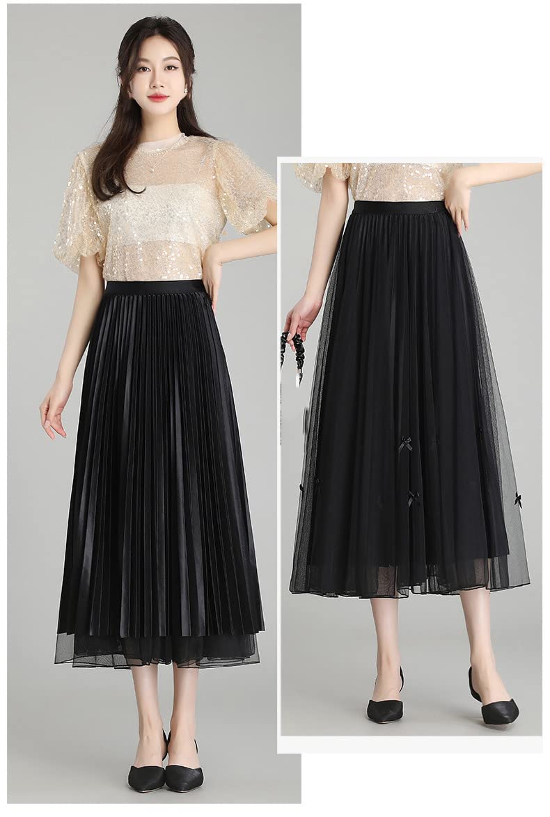 SePkus Falda Larga de Tul para Mujer, Falda Plisada Retro de Malla, Falda Midi elástica de Cintura Alta (Negro, Talla única)