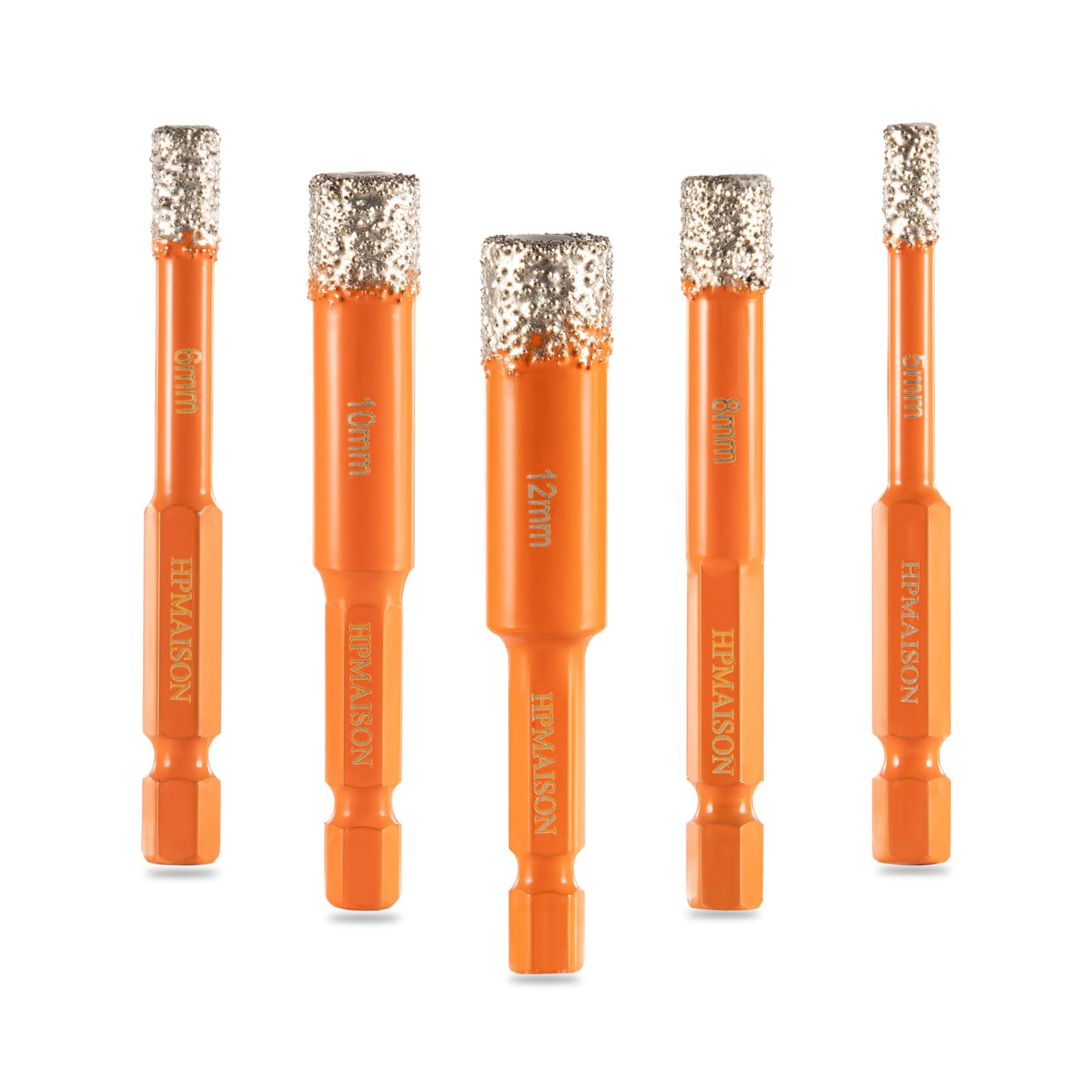 HPMAISON Diamantbohrer Fliesenbohrer Glasbohrer Set, 1/4" Sechskant Schaft Trockenbohrer Diamantbohrer 5tlg. (5 6 8 10 12mm) für Keramik, Granit, Glas, Porzellan, Fliesen, Harte Fliesen, Feinsteinzeug