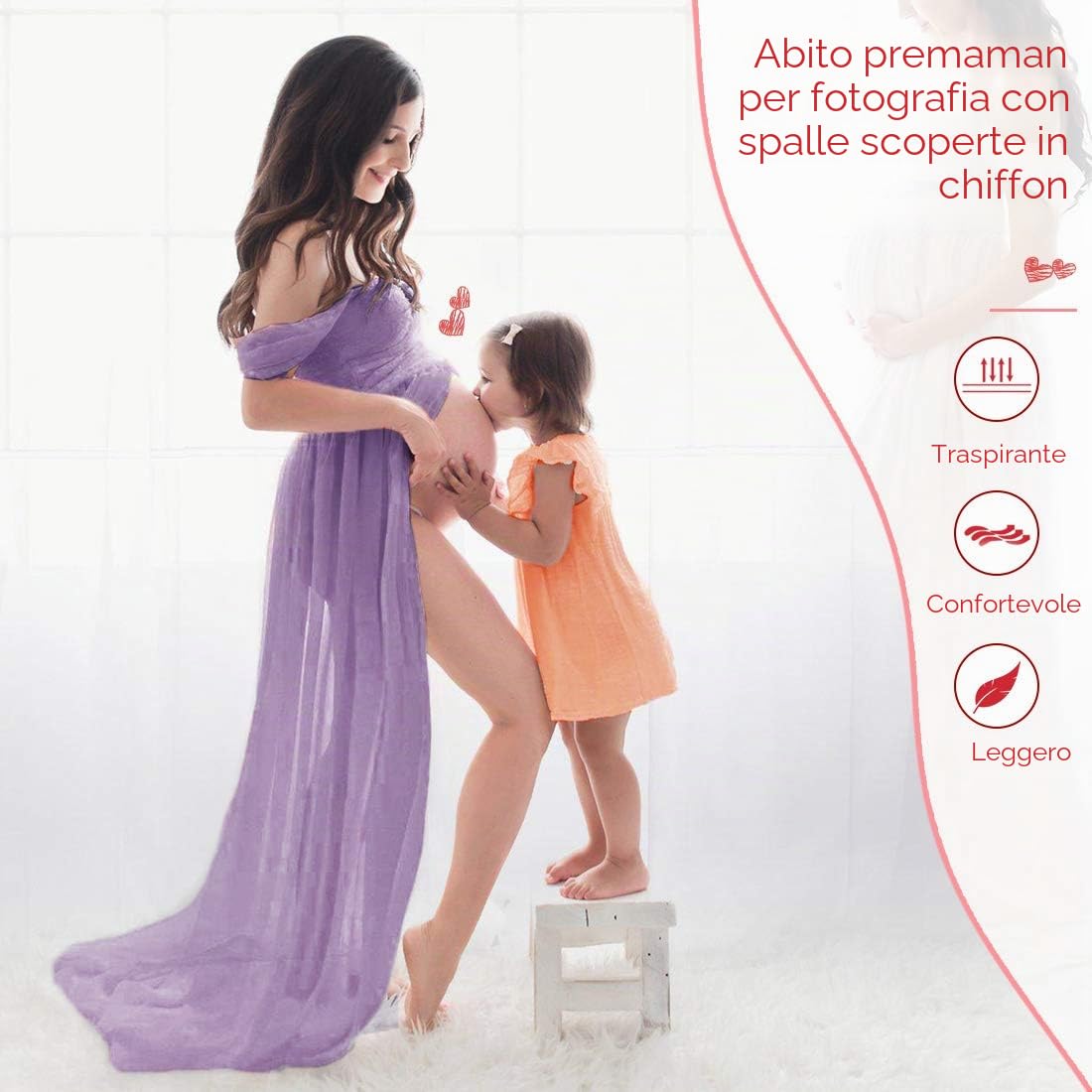 FEOYA-Abito Premaman con Spalle Scoperte Fotografia da Donna Abito Sexy in Gravidanza in Chiffon per Servizio Fotografico Gonne Traspiranti Estive con Spacco sul Davanti Maxi Abito Lungo